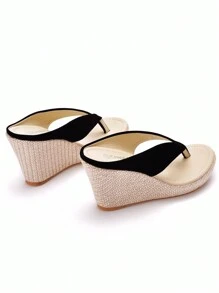 9厘米厚底坡跟凉鞋，波西米亚风沙滩拖鞋，夏季厚底人字拖，女士休闲时尚凉鞋 - 黑色 - 查看 7