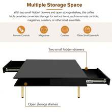 Exquisite High Gloss Coffee Table With 4 Golden Legs And 2 Small Drawers, 2-Tier Square Center Table For Living Room, White, Black - màu đen - Xem 9