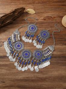 1PC Thời Trang Vintage Nhiều Lớp Rỗng Hình Học Đồng Xu Tua Rua Vòng Cổ, Bao Gồm 2 Bông Tai Dành Cho Nữ - Loại bướm - Xem 14