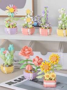 Variedad De Flores De Bloques De Construcción En Miniatura Con Macetas De Plástico, Incluidos Girasoles Y Rosas - Divertido - Ideal Para Decoraciones De Interiores Del Hogar, Regalos De Inauguración De Casa - Plantas en macetas con bloques de construcción de micropartículas. - Ver 1