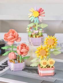 Variedad De Flores De Bloques De Construcción En Miniatura Con Macetas De Plástico, Incluidos Girasoles Y Rosas - Divertido - Ideal Para Decoraciones De Interiores Del Hogar, Regalos De Inauguración De Casa - Plantas en macetas con bloques de construcción de micropartículas. - Ver 2
