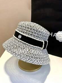 優雅的法式格紋草編桶帽適用於女性 - 時尚透氣的防曬 - 黑與白 - 查看 4