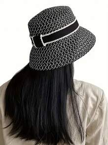 優雅的法式格紋草編桶帽適用於女性 - 時尚透氣的防曬 - 黑與白 - 查看 8
