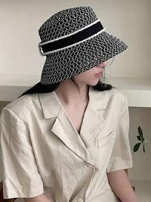 優雅的法式格紋草編桶帽適用於女性 - 時尚透氣的防曬 - 黑與白 - 查看 7