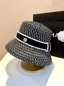 優雅的法式格紋草編桶帽適用於女性 - 時尚透氣的防曬 - 黑與白 - 查看 3