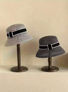 優雅的法式格紋草編桶帽適用於女性 - 時尚透氣的防曬 - 黑與白 - 查看 2