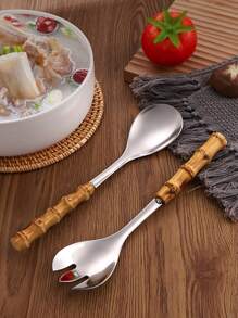 1pc/2pcs Stainless Steel Natural Bamboo Handle Salad Spoon And Fork, Large Size Serving Spoon And Fork Set - Silver - View 11