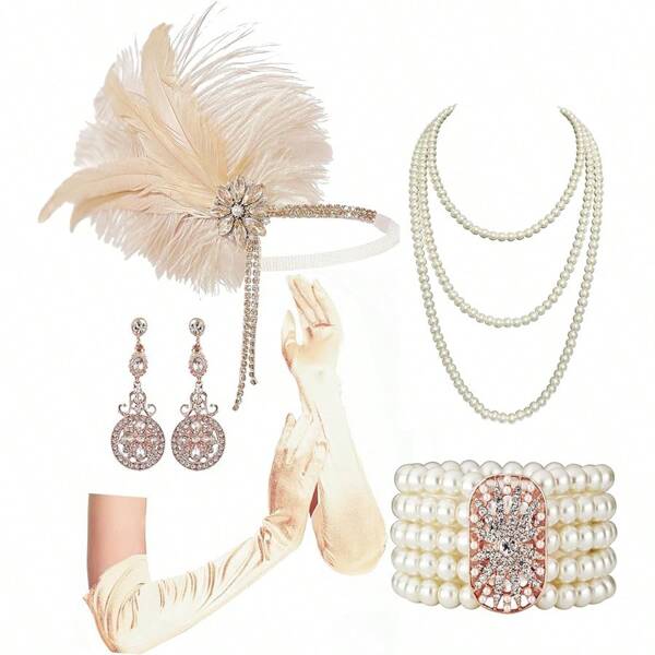 Conjunto de accesorios atractivos para fiesta que incluye: Diadema con plumas estilo años 20 para mujer, collar de cristal de vidrio amarillo y perlas beige, guantes largos color champán para el codo.
