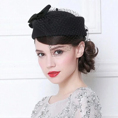 1 件女士复古英伦风格圆顶礼帽，配网纱优雅礼品帽日常使用牛仔帽女牛仔帽万圣节情人节