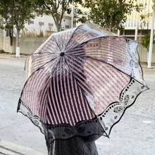 1pc Edgy Retro Clear Umbrella - 3-Folded Transparent Collapsible Umbrella - Made Of PVC, Suitable For Princess Photo Shoot, Available In Multiple Floral Patterns - Pink - View 12