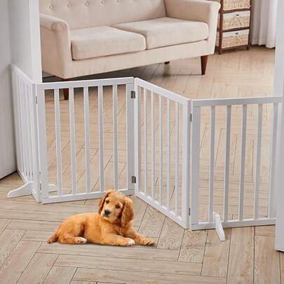 LIVINGANDHOME Living And Home Wooden Freestanding Dog Gate With Support Feet,3/4 Panel Pet Gate,Foldable Pet Fence,Gate Indoor Barrier For House,Doorway,Stairs