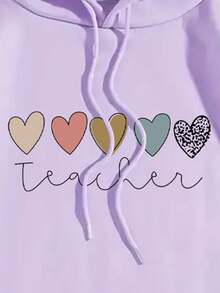 Capucha térmica con estampado de corazón con bolsillo de canguro con cordón - Morado - Ver 6