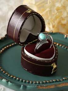 1pc Vintage Pure Silver Feather & Oval Turquoise Ring For Women's Date Gift - Antique Silver - View 4
