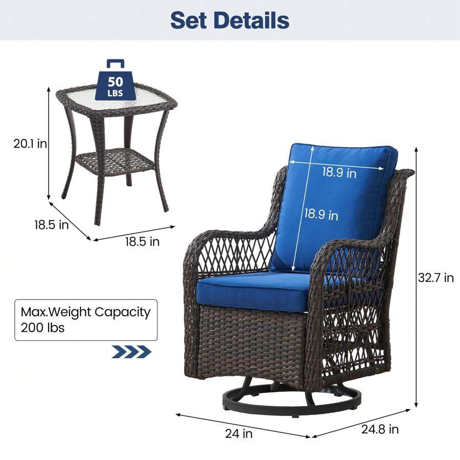 3 Pieces Outdoor Wicker Swivel Rocker Patio Set,Swivel Rocking Chairs Set Of 2 With Rattan Side