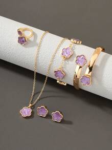 1pc Sweet Clover Pendant Necklace, 1pc Bracelet, 1pair Earrings, 1pc Ring, 1pc Bangle 5-Piece Jewelry Set For Women - Purple - View 2