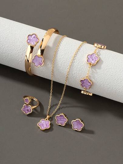 1 pieza Collar con colgante de trébol dulce, 1 pieza Pulsera, 1 pieza Aretes, 1 pieza Anillo, 1 pieza Brazalete - Juego de joyería de 5 piezas para mujeres