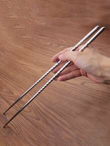 1 Pair Extra Long Stainless Steel Frying Chopsticks, Chinese Cooking Utensils For Home Use - Silver - View 3