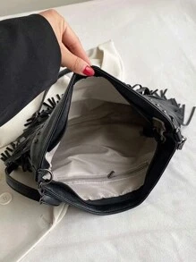 Fashion Vintage Leather Crossbody Bag, Boho Style Shoulder Bag, Tassel Rivet Cross Decor Square Purse Casual Messenger Bag For Travel & Every Day, Portable Business Work Satchel Sling Bags Hobo Fringe Crossbody Purse Small Handbag, Western Purse For Women, Bohemia Style Bag For Women, Perfect For Rodeo Occasion - Black - View 3