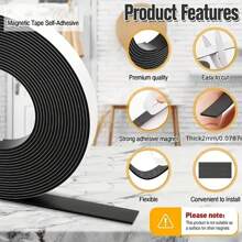 自粘磁鐵貼，具有自粘彈性磁條磁帶捲，非常適合手工藝和DIY項目，白板和冰箱整理 - 黑色 - 查看 1