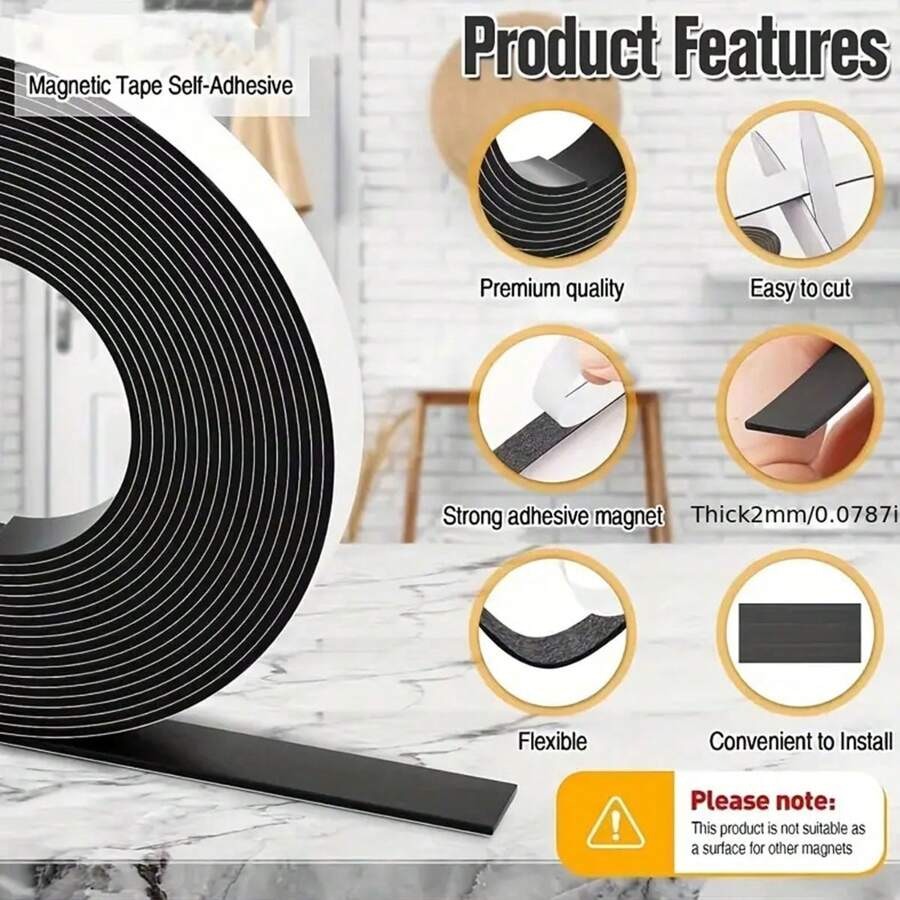 自粘磁鐵貼，具有自粘彈性磁條磁帶捲，非常適合手工藝和DIY項目，白板和冰箱整理 - 黑色 - 查看 1