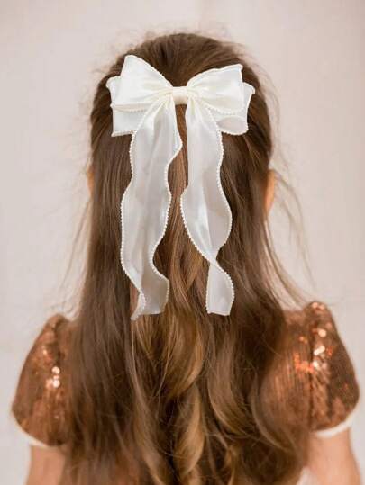 1pc Beige Lace Hair Bows Clips For Girls,Pearl Decor Elegant Bowknot Hair Clips Barrettes,Girls Holiday Wedding Party Alligator Clips,Kids Hair Accessories