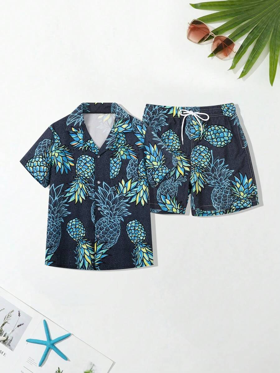 Tween Boy Hawaiian Pineapple Printed Short Sleeve Shirt And Shorts Set, Summer - Dark Green - View 1