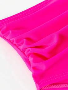 Women's Sexy Cross Back Straps Beachwear, Fashionable High Waist Solid Color Pleated Bikini, 2pcs/Set Summer - Hot Pink - View 5