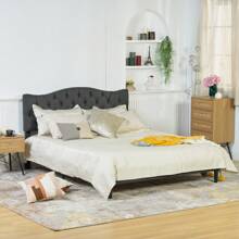 Meubles Cosy Double Bed 160x200 Cm With Wooden Slatted Base And Fabric-Covered Headboard, Gray - Grey - View 3