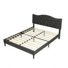 Meubles Cosy Double Bed 160x200 Cm With Wooden Slatted Base And Fabric-Covered Headboard, Gray - Grey - View 1