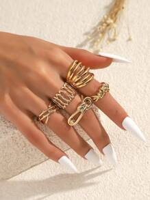 5pcs/Set 3D Large Glossy Decor Chunky Rings, Suitable For Women Daily Wear - Yellow Gold - View 9