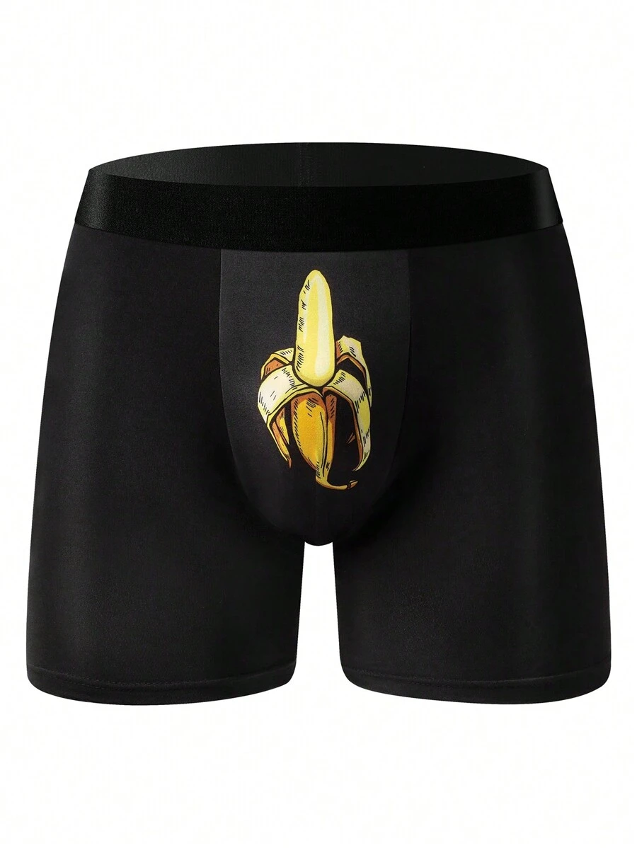 1 Pc Men's Silky-Soft Boxer Briefs – Peeled Banana Print, Stretch Comfort Fit, Easy-Care Men's Underwear - Black - View 1