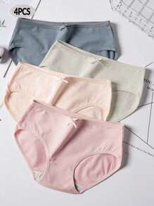 4 条装低腰纯色棉质内裤，亲肤舒适女士内裤，带可爱蝴蝶结装饰，适合女孩、学生和青少年 - 彩色 - 查看 2