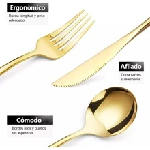 24 piezas Juego de cubiertos de acero inoxidableestilo portugués mate, incluye cuchillos para filete, tenedores de cena, cucharas de cena y cucharas de té, Cocina, Navidad - Dorado - Ver 4