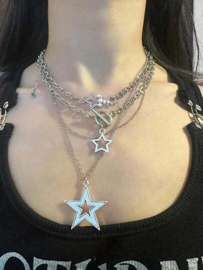 3pcs Big Star Multi-Layered Necklaces For Women, Vintage Style, Punk & Fairy, Y2k Choker Necklace
