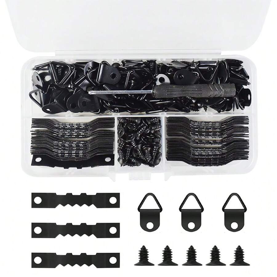 251 pièces Kit d'accrochage de cadre photo, comprenant 50 pièces de crochets de suspension en anneau triangulaire, 50 pièces de suspension de cadre d'images à dents de scie, 150 pièces de vis, 1 pièce de tournevis pour accrocher des photos, des dessins