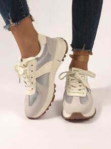 Vintage Oatmeal Color German Trainer Shoes For Women, Casual And Super Soft Athletic Shoes For Running And Daily Wear - Silver - View 4