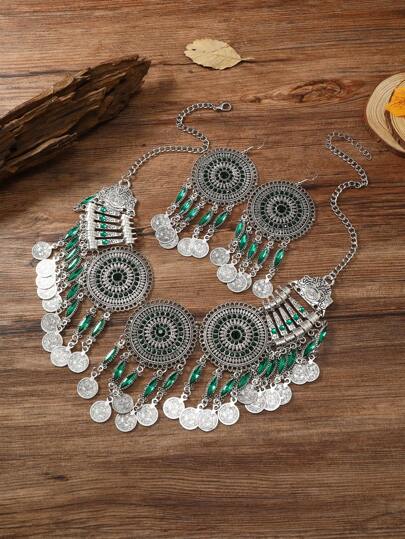 1 pieza Set de collar con moneda con flecos geométricos calados con varias capas vintage de moda, incluye 2 pendientes para mujer