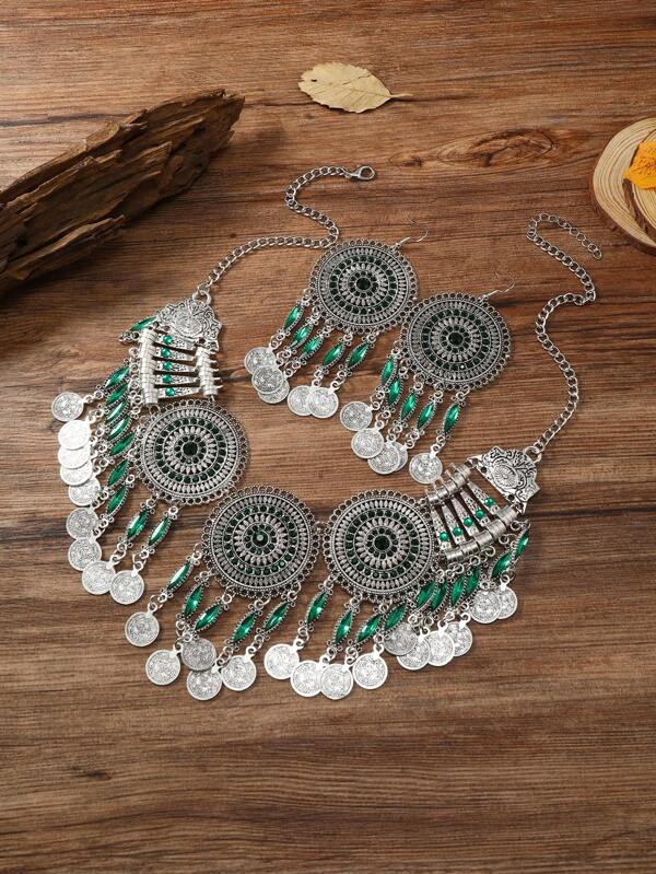 1pc Fashionable Vintage Multiple Layered Hollowed-Out Geometric Coin Fringed Necklace Set, Including 2 Earrings For Women
