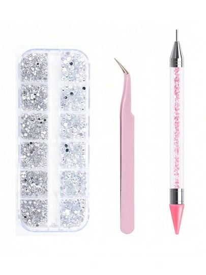 3Pcs/Set Nail Art Tool Kit With Pink Dotting Pen, Tweezers, Flat Bottom Drill In Long Box Pack Diy Nail Charms Nail Gems Nail Supplies Nails