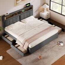 Sweiko Sweiko gestoffeerd bed, tweepersoonsbed met 4 laden & USB-aansluiting, 160*200cm,gestoffeerd bed met 4 laden & USB-aansluiting, gestoffeerd bed 160x200cm, in hoogte verstelbaar hoofdeinde, houten lattenbodem (zonder matras)