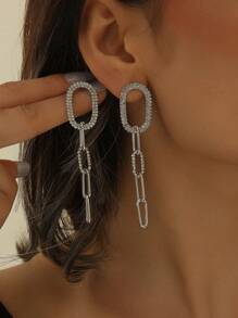 MESTILO 1 Pair Minimalist Style Copper Rhinestone Oval Chain Drop Earrings, Suitable For Women Wedding Wear