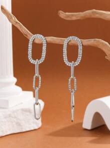 MESTILO 1 Pair Minimalist Style Copper Rhinestone Oval Chain Drop Earrings, Suitable For Women Wedding Wear