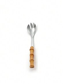 1pc/2pcs Stainless Steel Natural Bamboo Handle Salad Spoon And Fork, Large Size Serving Spoon And Fork Set - Silver - View 10