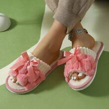 Women's Rabbit Fluffy Bow-Knot Design Open-Toe House Slippers, Comfortable, Solid Color, Bedroom Floor Slippers - Pink - View 5