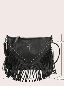 Fashion Vintage Leather Crossbody Bag, Boho Style Shoulder Bag, Tassel Rivet Cross Decor Square Purse Casual Messenger Bag For Travel & Every Day, Portable Business Work Satchel Sling Bags Hobo Fringe Crossbody Purse Small Handbag, Western Purse For Women, Bohemia Style Bag For Women, Perfect For Rodeo Occasion - Black - View 4
