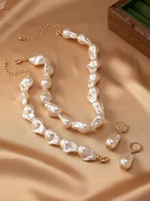 1pc Geometric Shaped Faux Pearl Chain Necklace, 1pc Faux Pearl Chain Bracelet, 1pair Faux Pearl Dangle Earrings Set For Elegant Women As Gift - White - View 5