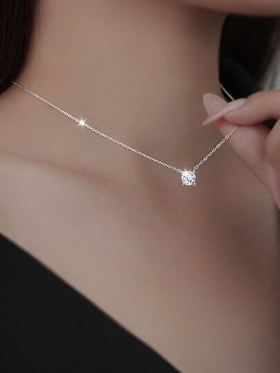 ELSEDES 1pc Classic Style S925 Silver Pendant With Shiny Gemstone, Simple & Elegant Necklace For Women's Everyday Outfit Or Office Wear