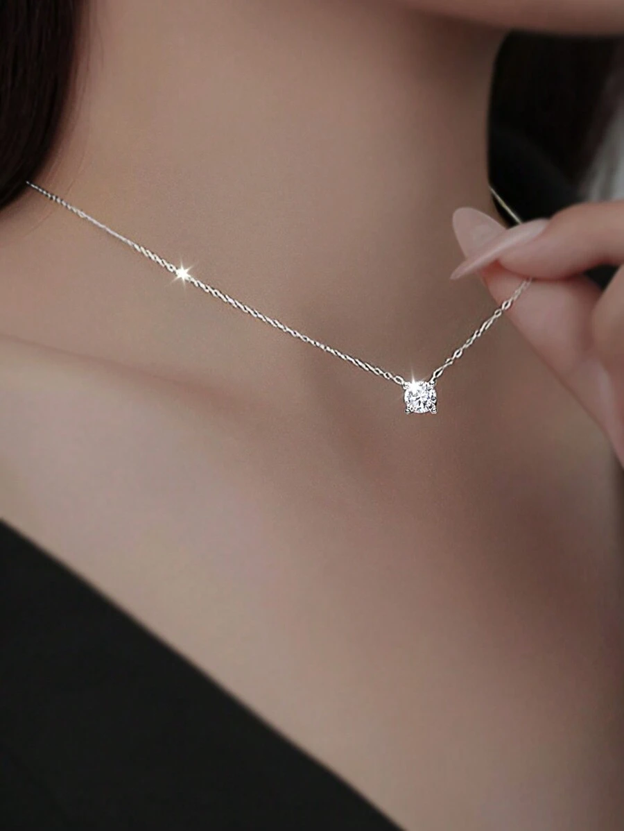 ELSEDES 1pc Classic Style S925 Silver Pendant With Shiny Gemstone, Simple & Elegant Necklace For Women's Everyday Outfit Or Office Wear - Silver - View 1