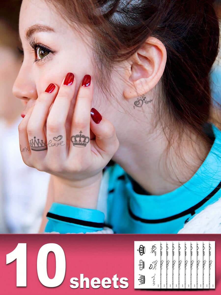 纹身贴纸套件，10 张儿童皇冠图案纹身，成人纹身贴纸，逼真纹身皇冠，适合女士和女孩 - 彩色 - 查看 1