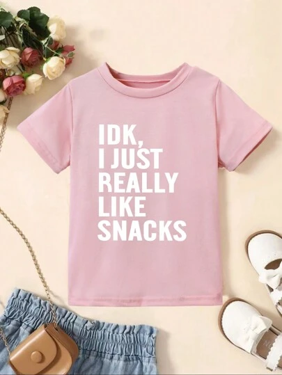 1 件适合年轻女孩的休闲时尚趣味印花圆领短袖 T 恤，适合春夏秋季时尚服装
